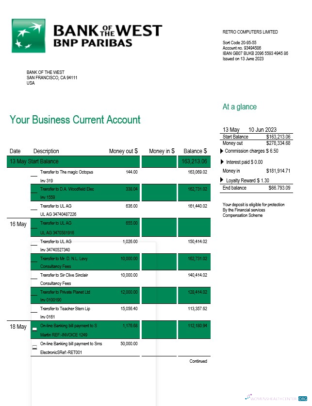 Download Bank of the West company checking account statement Word and PDF template Photoshop template